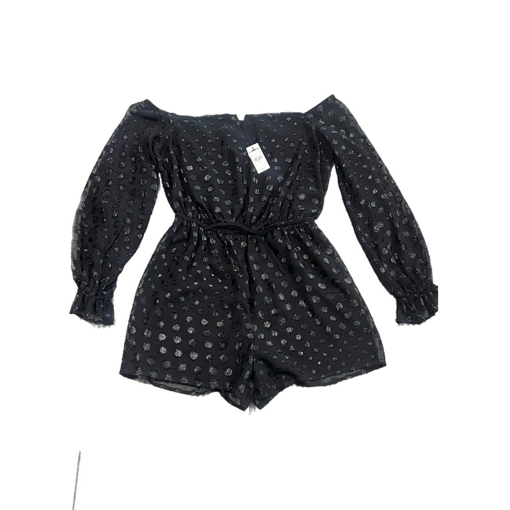 NWT Express Black Polka Dot Sheer Off Shoulder Romper Long Puff Sleeve Sz Small